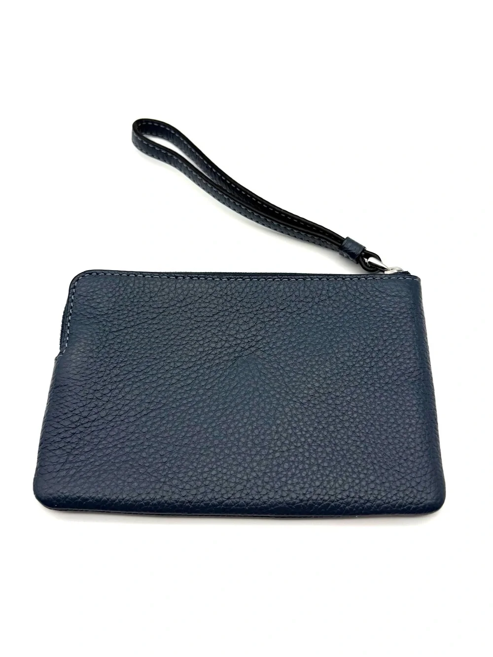 Coach Pebble Leather Corner Zip Wristlet Navy Blue and Silver
